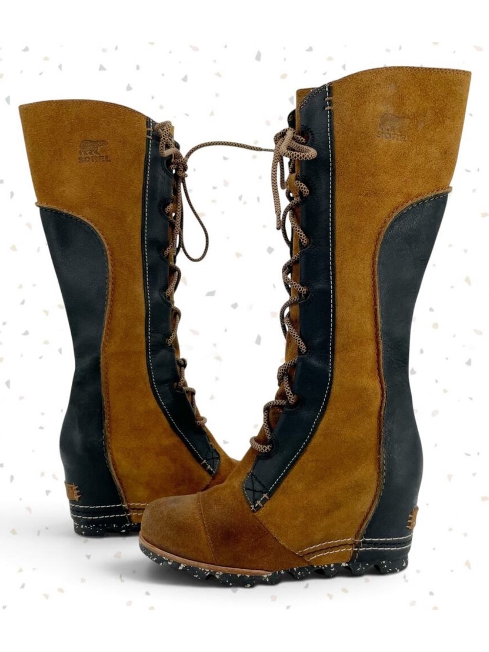 Sorel Cate the Great Boots Elk Black Tan Knee High Lace Up Fall Suede Size 6.5
